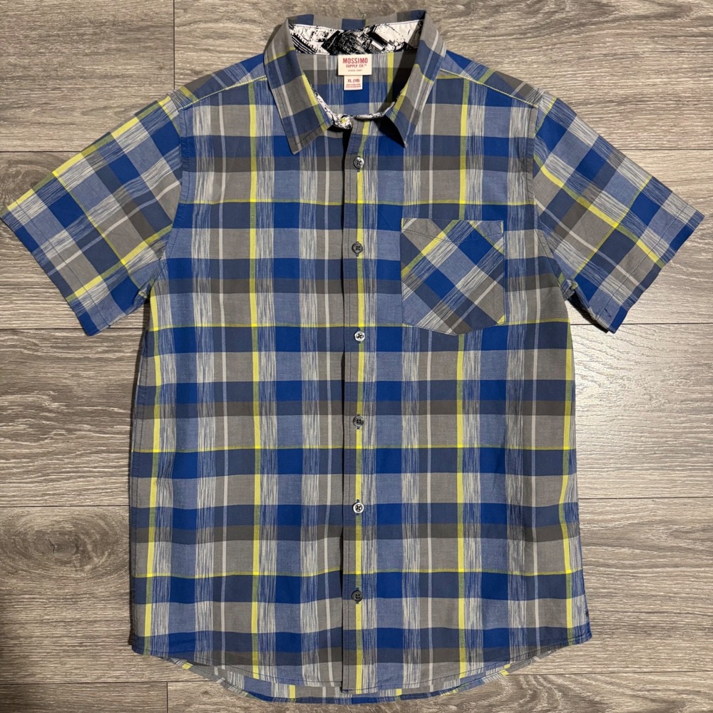 Mossimo Supply Cotton Kids Boys XL 16 Blue Plaid Short Sleeve Button Down Shirt